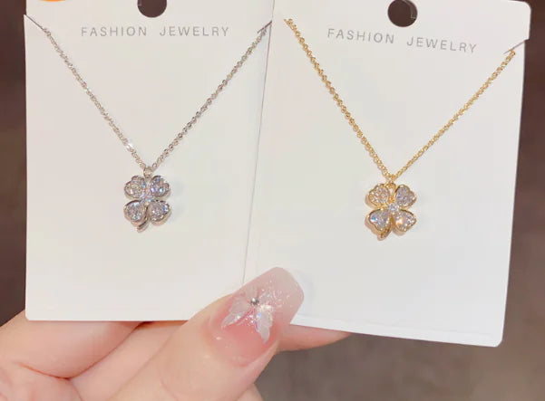 Sterling Clover Charm Necklace with Zircon Shell