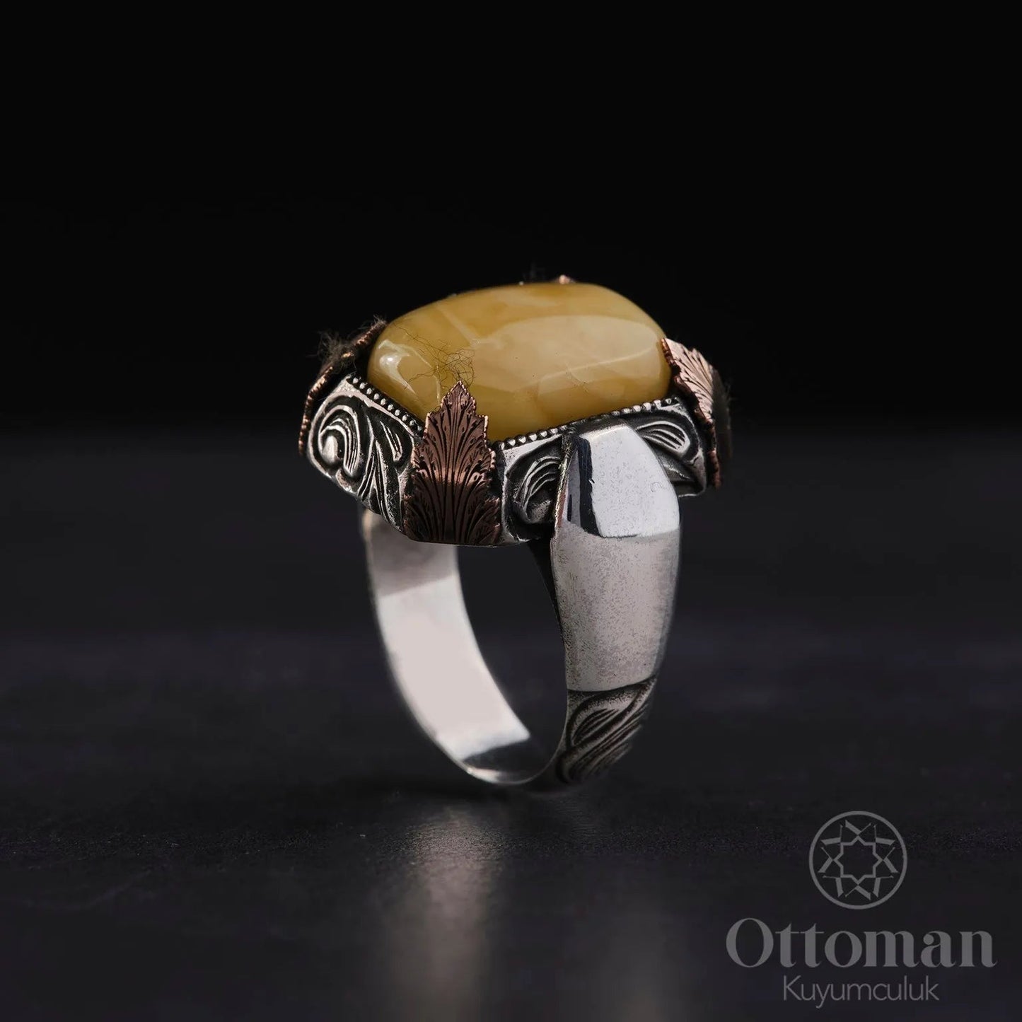 Natural Stone Original Drop Amber Silver Ring - Silver Whisper