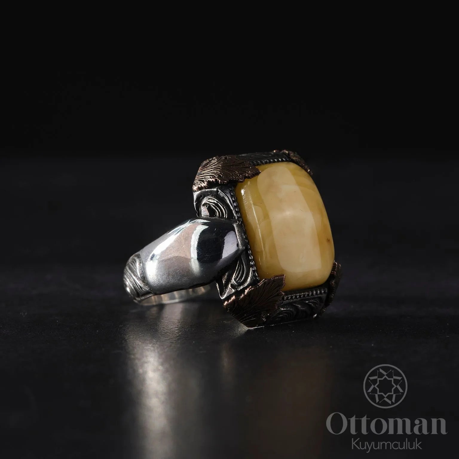 Natural Stone Original Drop Amber Silver Ring - Silver Whisper