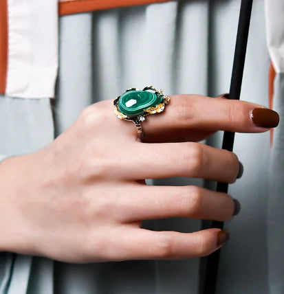 S925 Leaf-Edged Malachite Silver Ring