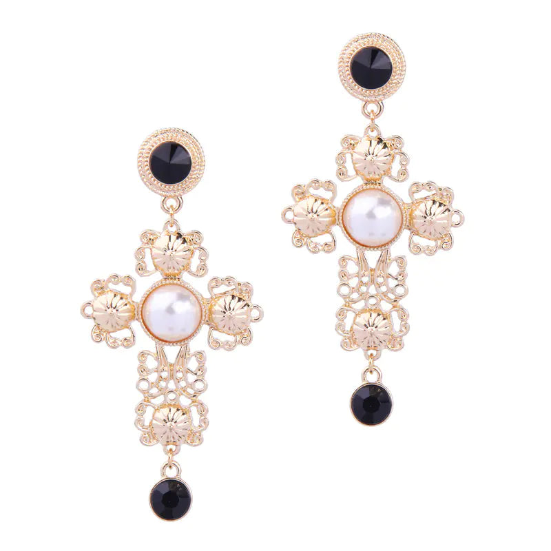Elegant Pearl Cross Drop Earrings