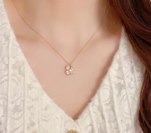 Sterling Clover Charm Necklace with Zircon Shell