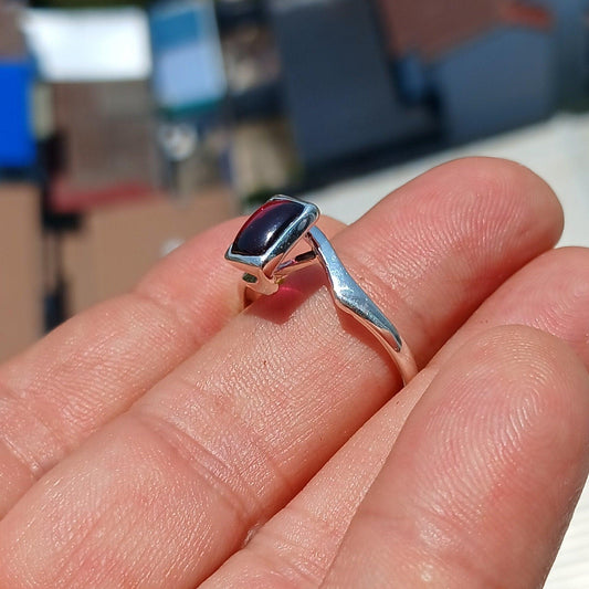 Red Garnet Ring, Sterling Silver Ring, Solitaire Ring, rectangle red Garnet Cabochon, Sterling Silver ring, Minimalist Design, gift Size 9.5 - Silver Whisper