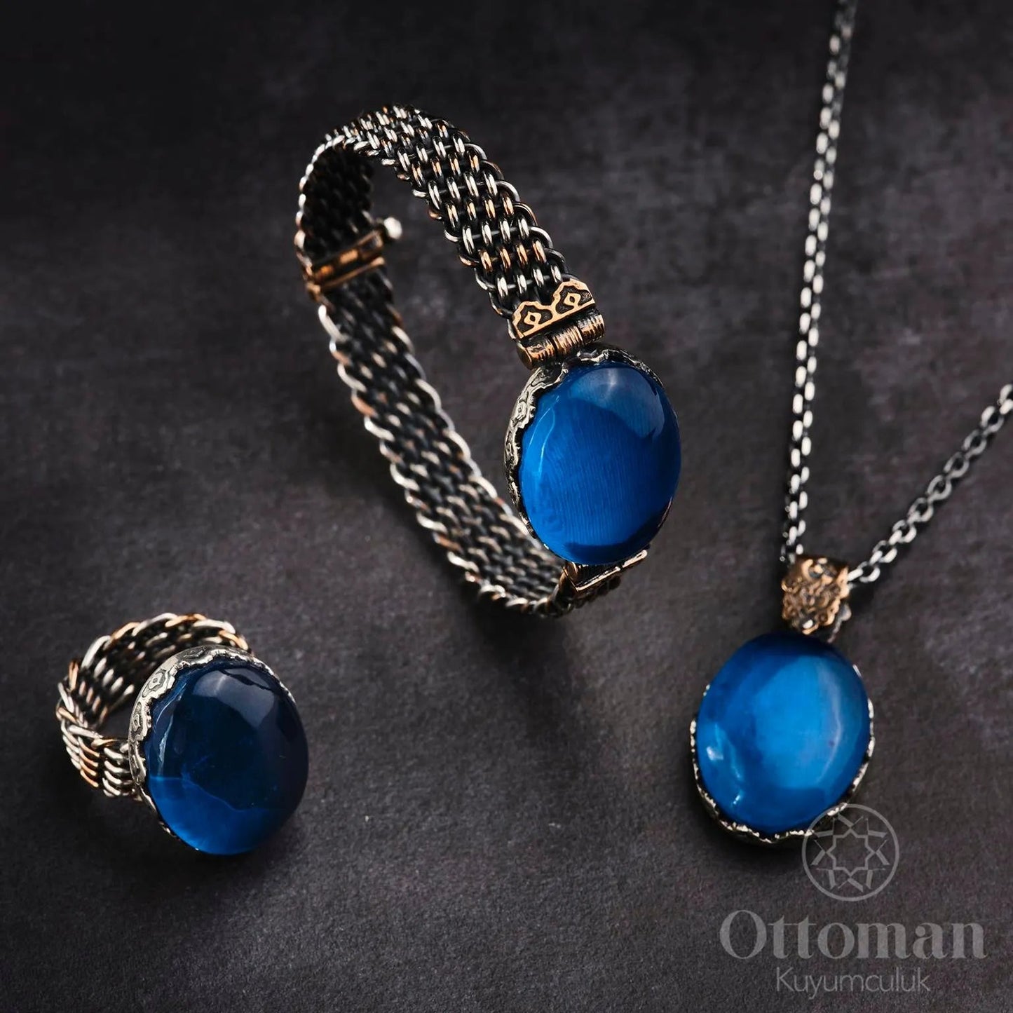 Silver Amber Stone Triple Knitted Set - Silver Whisper
