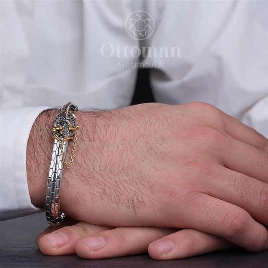 Snake Patterned Sword Bracelet - Silver Whisper