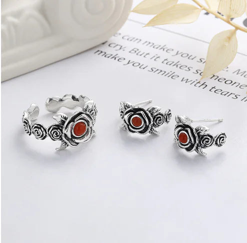 Antique Style Red Rose Silver Ring