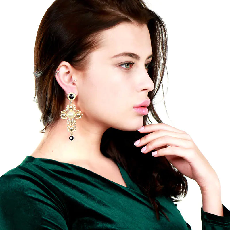 Elegant Pearl Cross Drop Earrings